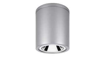 Zylindrische silberne Deckenleuchte mit modernem Design, geeignet für Innenbeleuchtung.